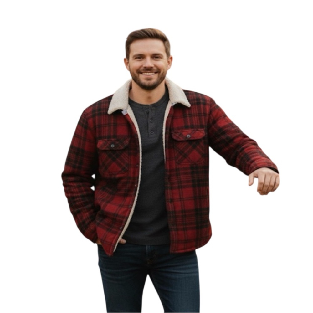 Men's Red Plaid Sherpa-Lined Jacket